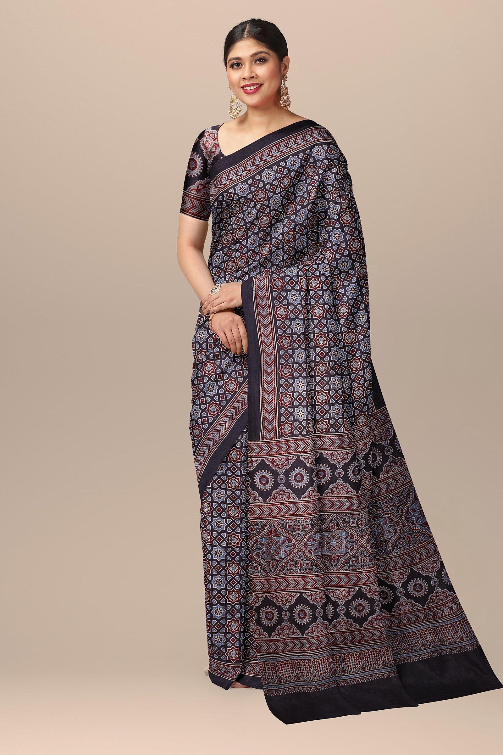 Black Color Traditional Blue and Red Floral and Geometrical Ajrakh Print Malmal Cotton Saree  SKU-BS10081 - Bhartiya Shilp