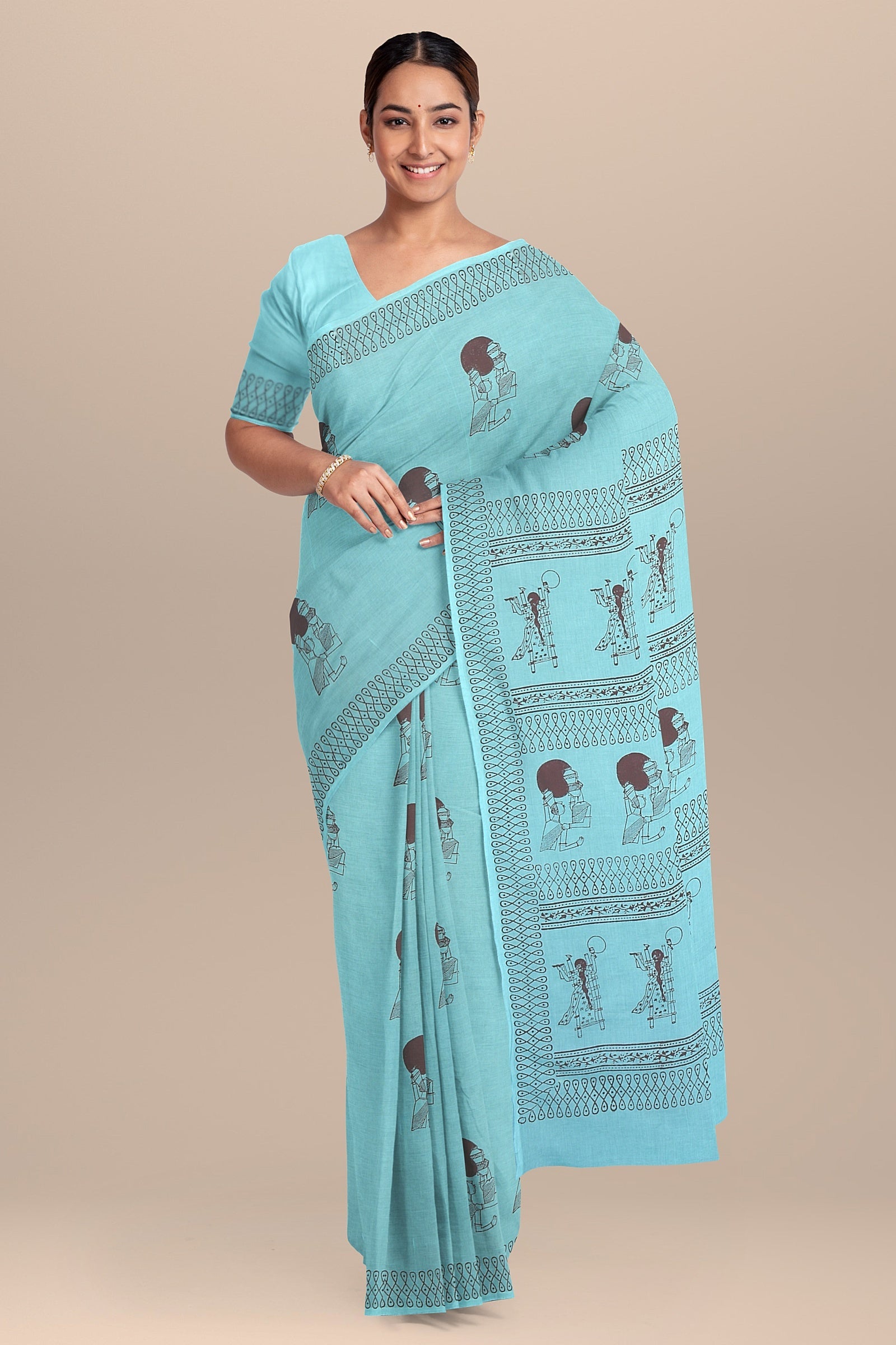 Limited Edition Artist Collection – Turquoise Hand Block Print Malmal Cotton Saree SKU- AS10069 - Bhartiya Shilp