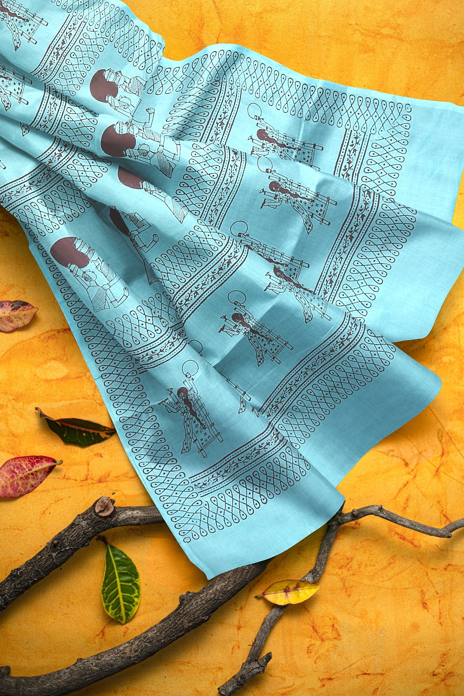Limited Edition Artist Collection – Turquoise Hand Block Print Malmal Cotton Saree SKU- AS10069 - Bhartiya Shilp