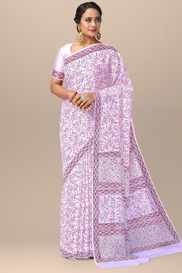 Chhipa Hand Block Printed Baby Pink Color Malmal Cotton Saree With Lavender Floral Motif SKU-4161 - Bhartiya Shilp