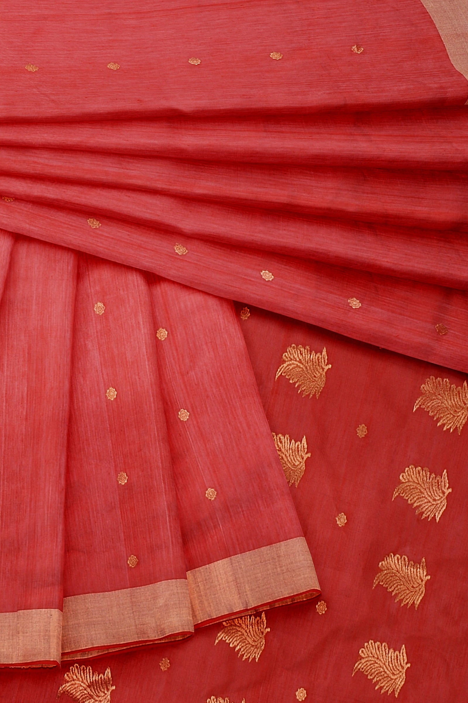 Handwoven Red Color Traditional Leaf Golden Buta Chanderi Saree with Zari Border SKU - BS10083 - Bhartiya Shilp
