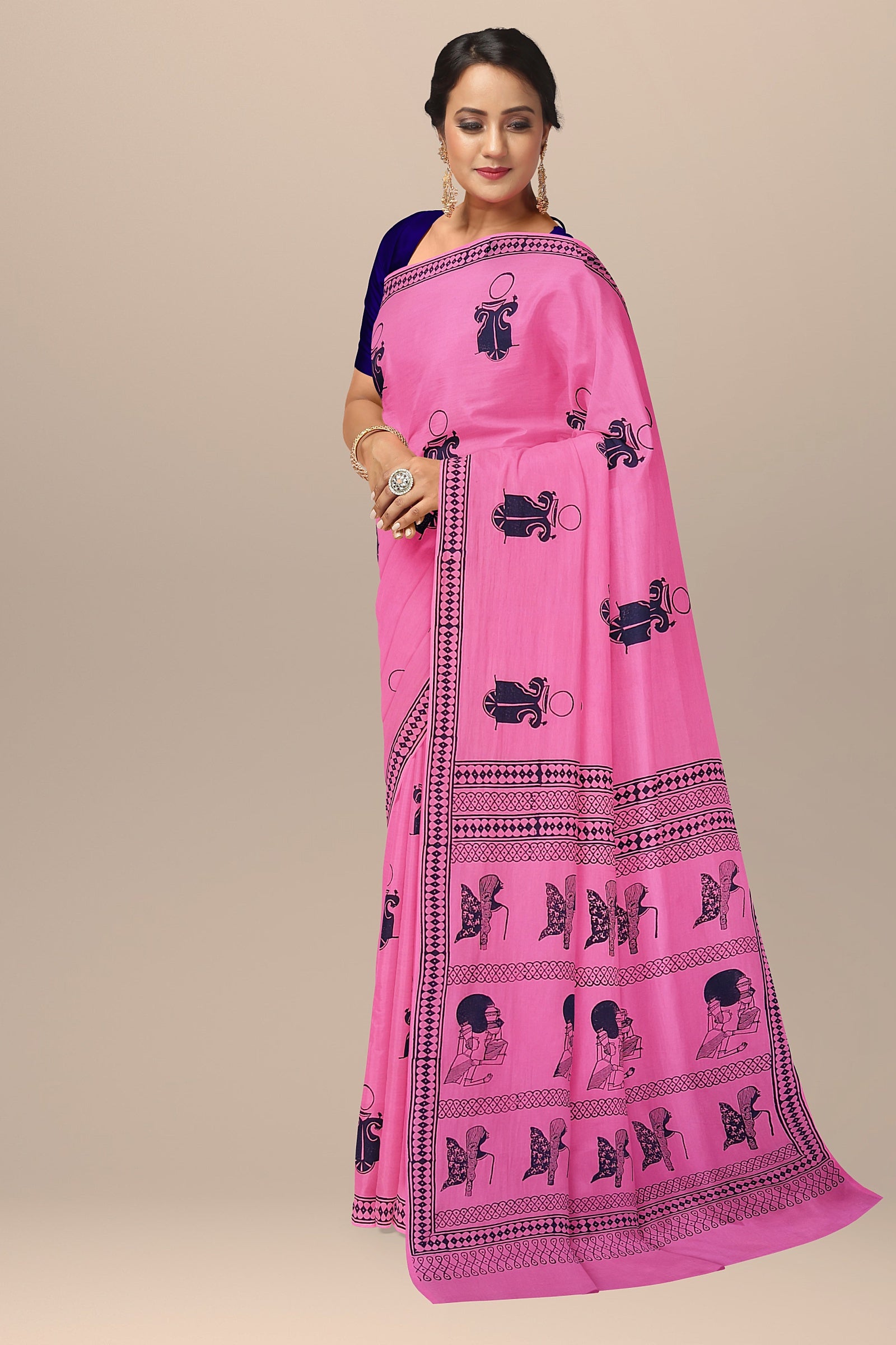 Limited Edition Artist Collection – Chhipa Hand Block Printed Pink Malmal Cotton Saree with Anupriya’s Painting Motif SKU-7011 - Bhartiya Shilp