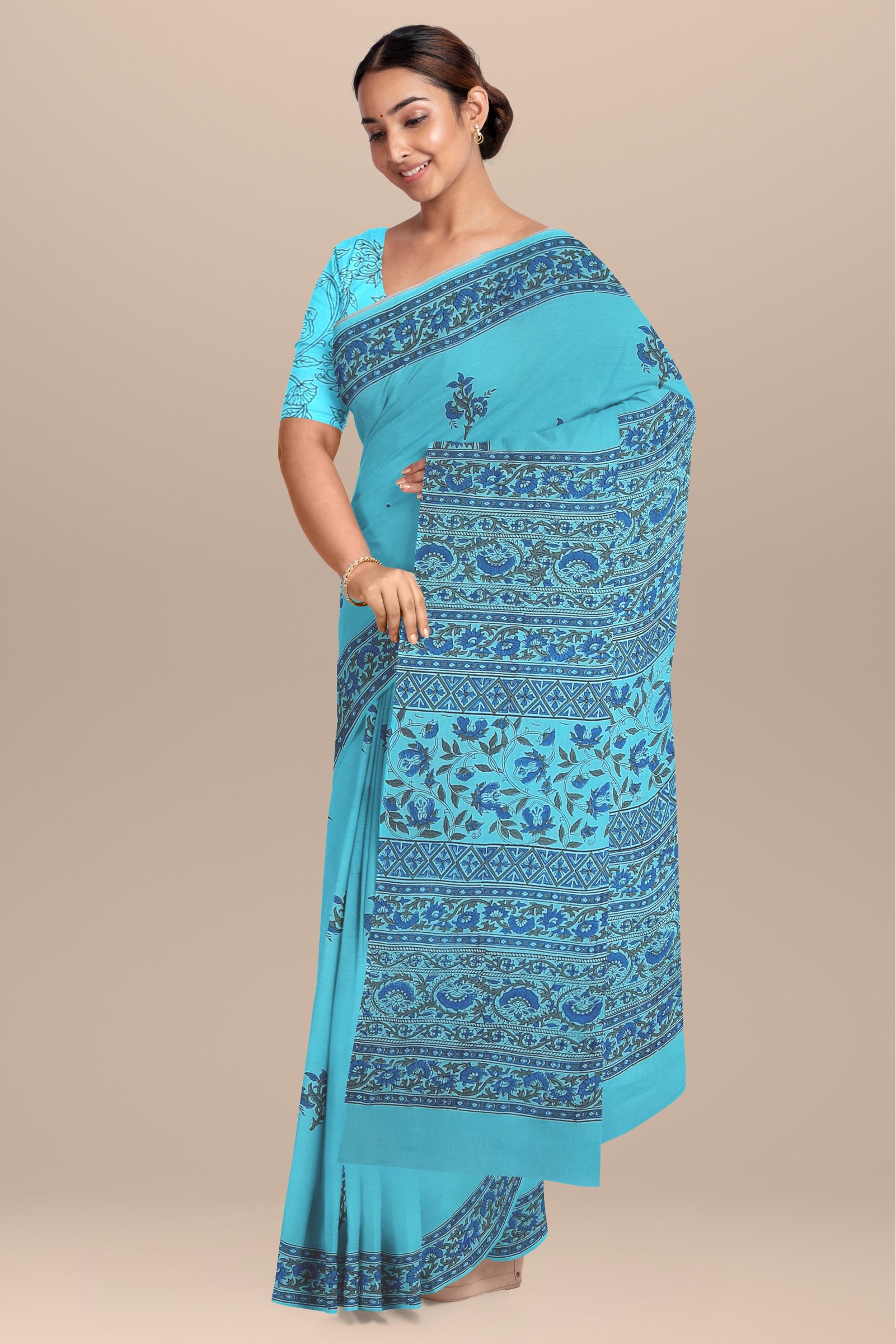 Chhipa Hand Block Printed Blue Color Malmal Cotton Saree With Floral Motif SKU- - Bhartiya Shilp